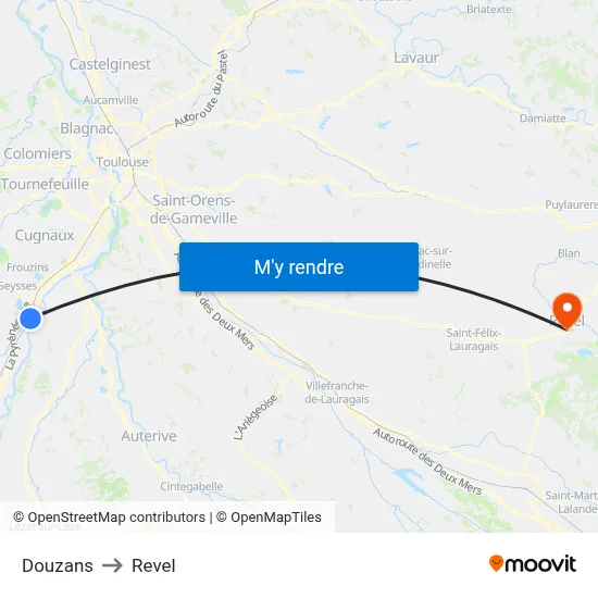 Douzans to Revel map