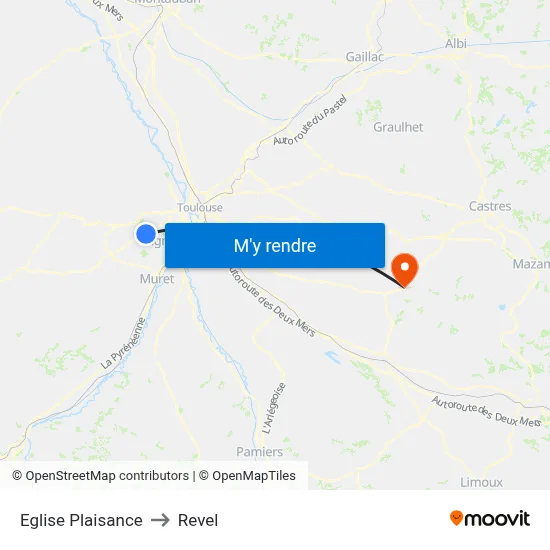 Eglise Plaisance to Revel map