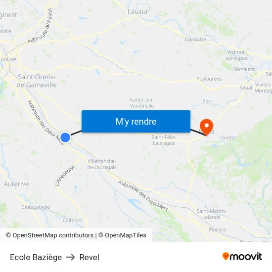Ecole Baziège to Revel map