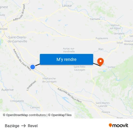 Baziège to Revel map
