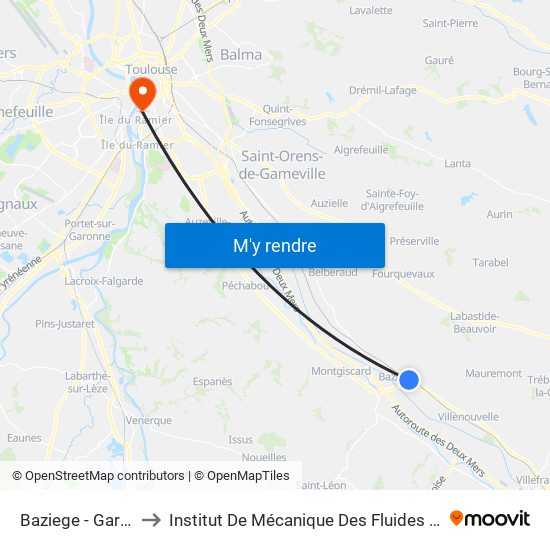 Baziege - Gare Sncf to Institut De Mécanique Des Fluides De Toulouse map