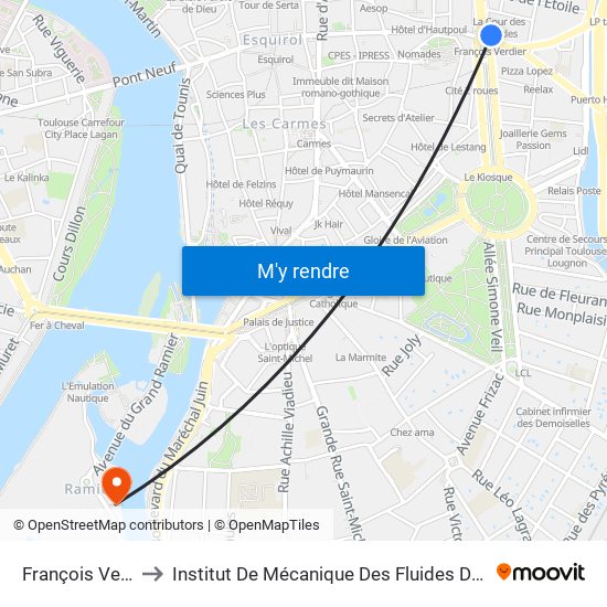 François Verdier to Institut De Mécanique Des Fluides De Toulouse map