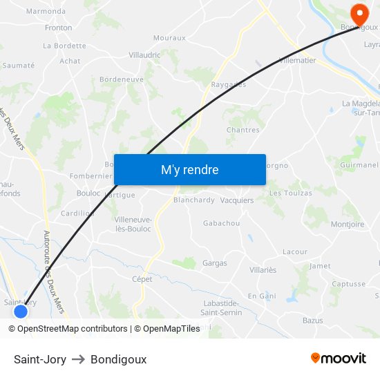 Saint-Jory to Bondigoux map