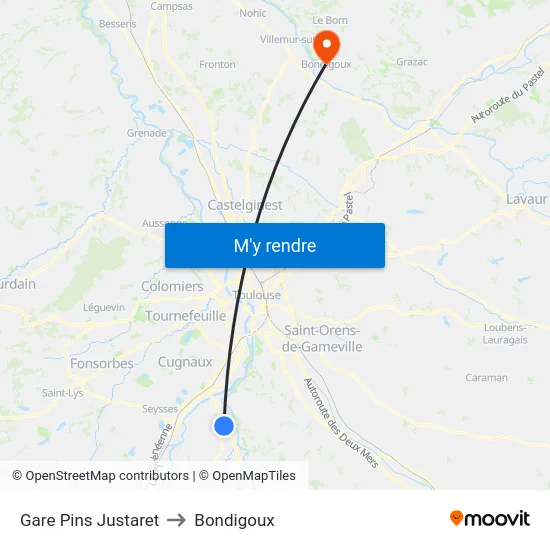 Gare Pins Justaret to Bondigoux map