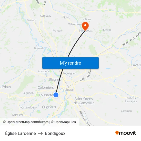 Église Lardenne to Bondigoux map