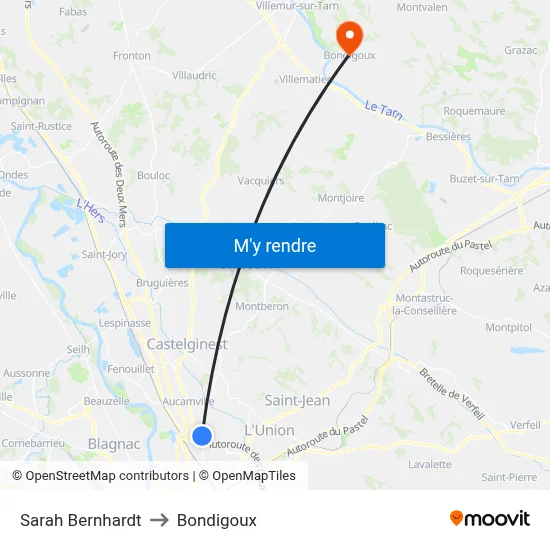 Sarah Bernhardt to Bondigoux map