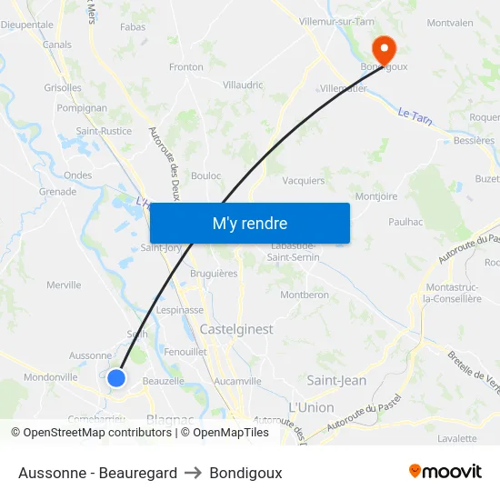 Aussonne - Beauregard to Bondigoux map