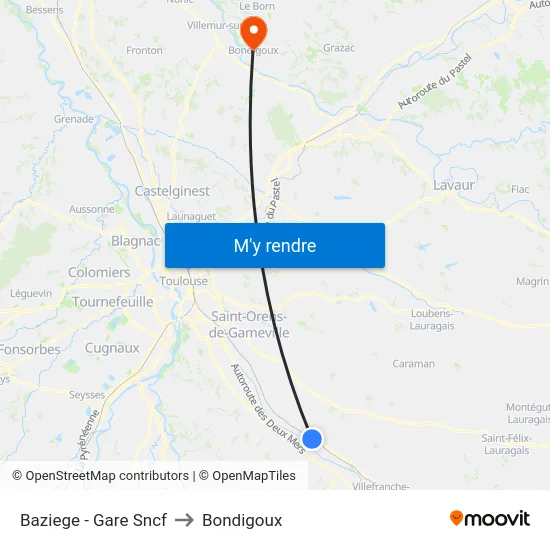 Baziege - Gare Sncf to Bondigoux map