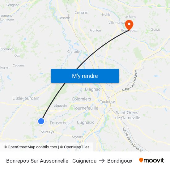Bonrepos-Sur-Aussonnelle - Guignerou to Bondigoux map