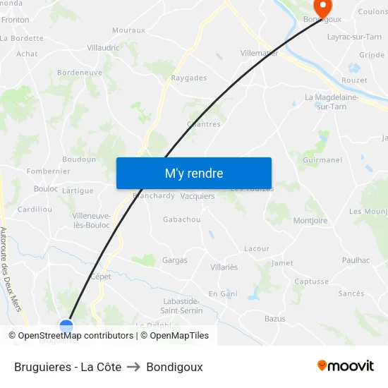 Bruguieres - La Côte to Bondigoux map