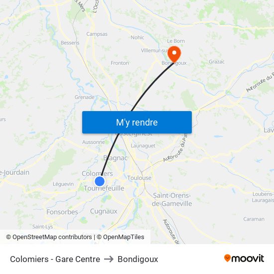 Colomiers - Gare Centre to Bondigoux map