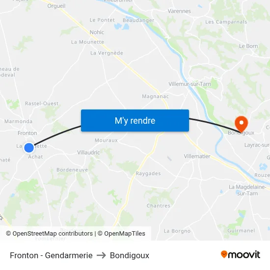 Fronton - Gendarmerie to Bondigoux map
