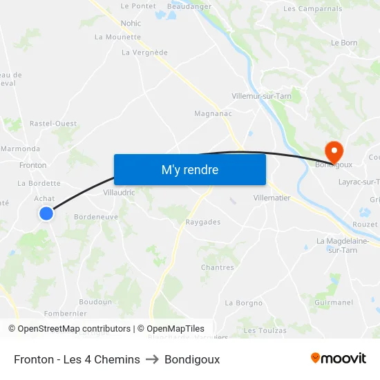 Fronton - Les 4 Chemins to Bondigoux map