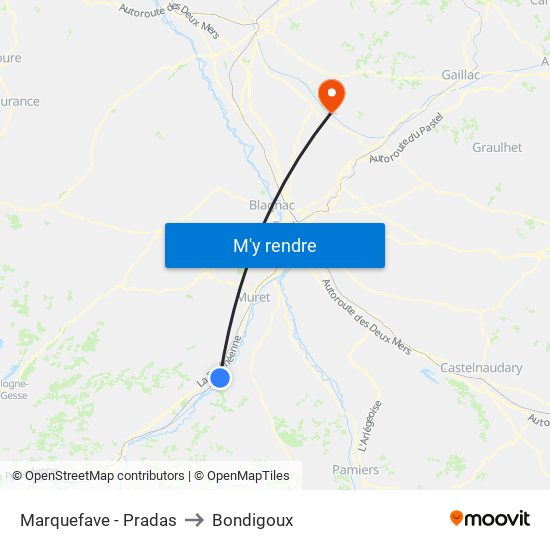 Marquefave - Pradas to Bondigoux map