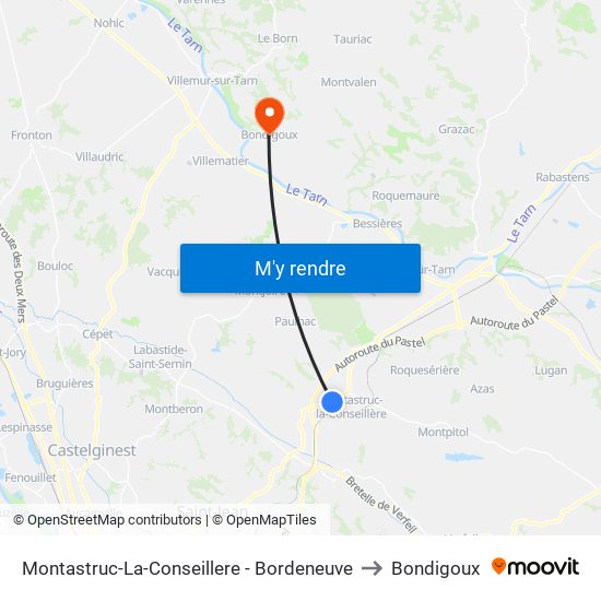 Montastruc-La-Conseillere - Bordeneuve to Bondigoux map