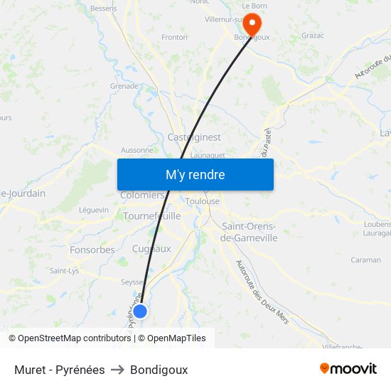 Muret - Pyrénées to Bondigoux map