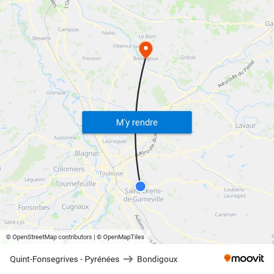 Quint-Fonsegrives - Pyrénées to Bondigoux map