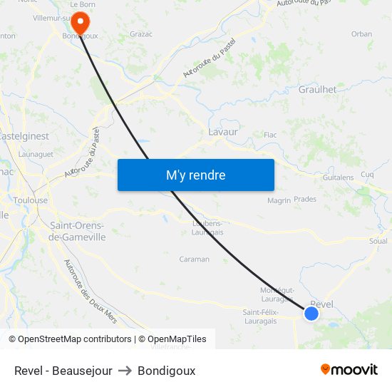 Revel - Beausejour to Bondigoux map