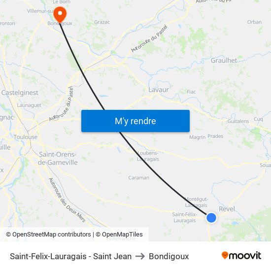 Saint-Felix-Lauragais - Saint Jean to Bondigoux map