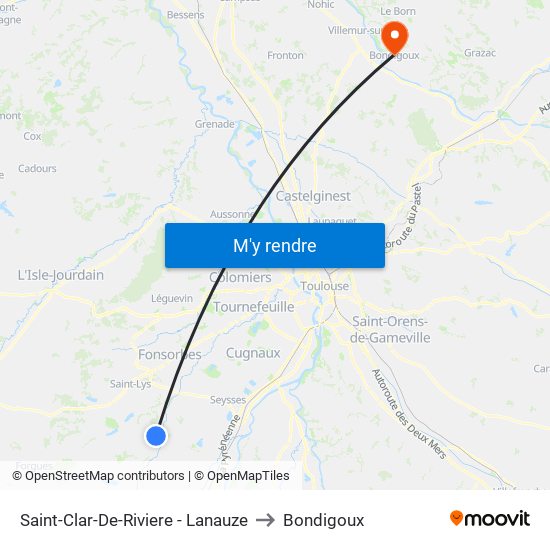 Saint-Clar-De-Riviere - Lanauze to Bondigoux map