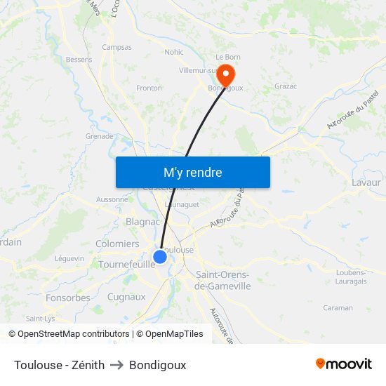 Toulouse - Zénith to Bondigoux map