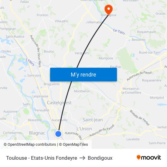 Toulouse - Etats-Unis Fondeyre to Bondigoux map