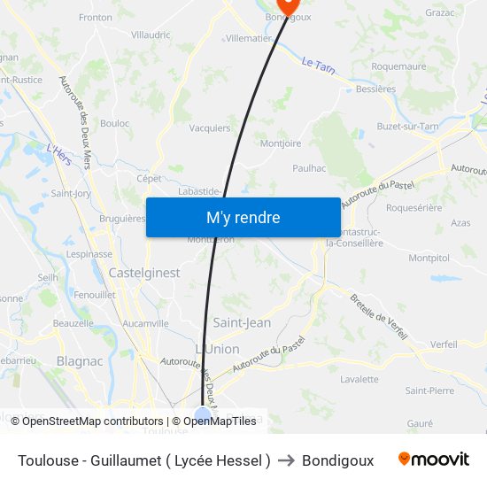 Toulouse - Guillaumet ( Lycée Hessel ) to Bondigoux map