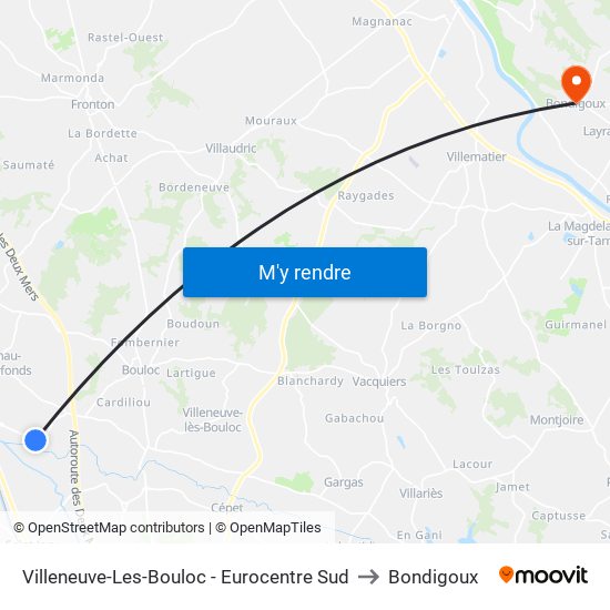 Villeneuve-Les-Bouloc - Eurocentre Sud to Bondigoux map