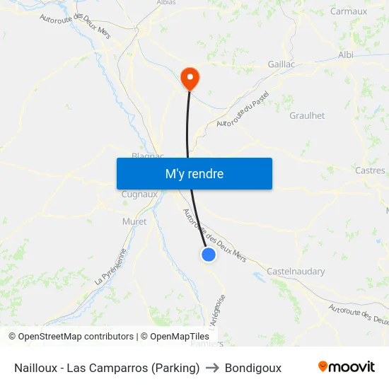 Nailloux - Las Camparros (Parking) to Bondigoux map