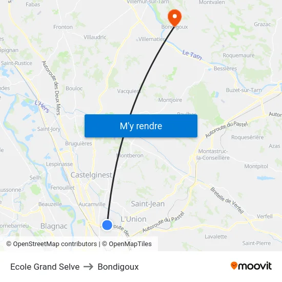 Ecole Grand Selve to Bondigoux map