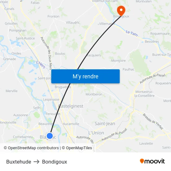 Buxtehude to Bondigoux map