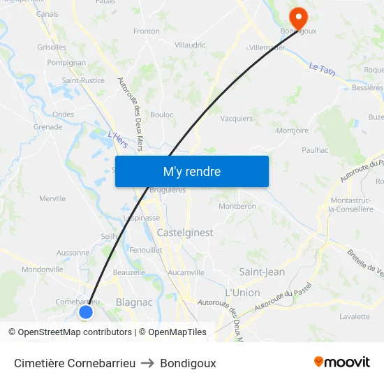 Cimetière Cornebarrieu to Bondigoux map