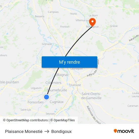 Plaisance Monestié to Bondigoux map
