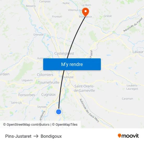 Pins-Justaret to Bondigoux map