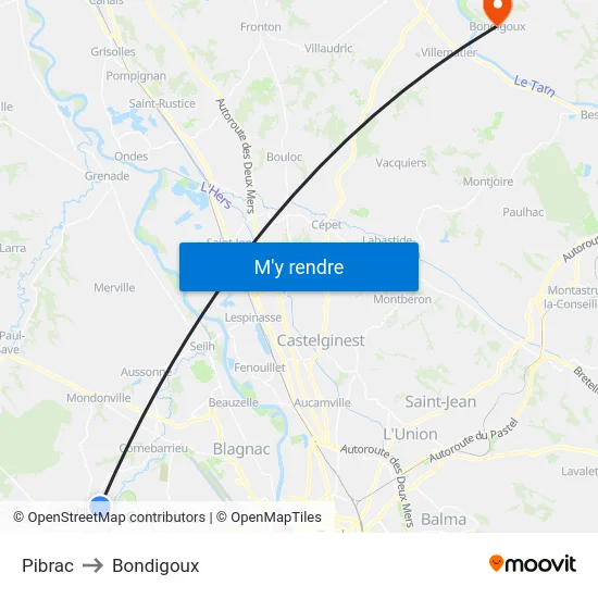 Pibrac to Bondigoux map