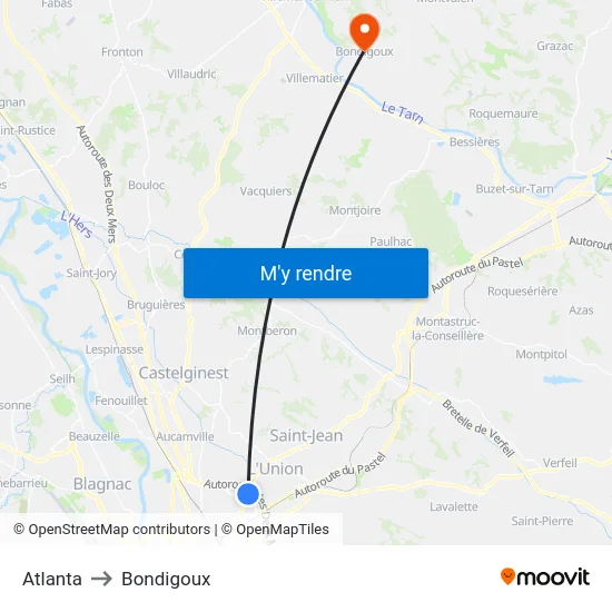 Atlanta to Bondigoux map