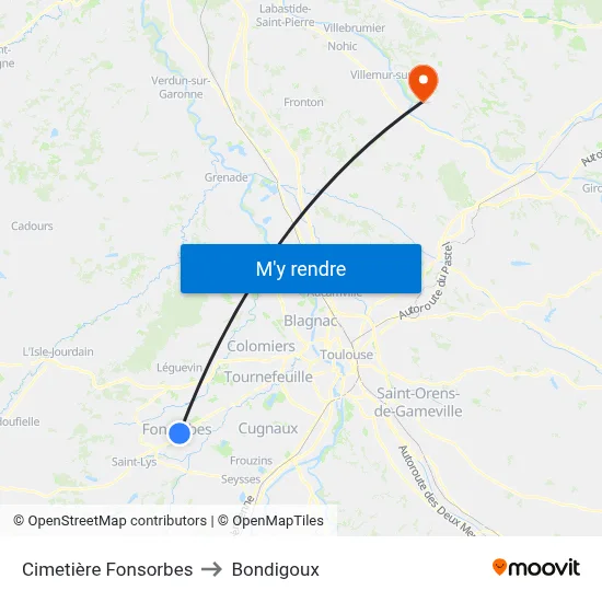 Cimetière Fonsorbes to Bondigoux map