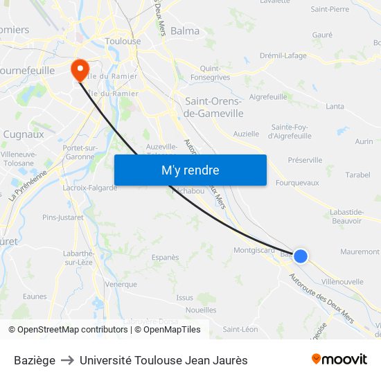 Baziège to Université Toulouse Jean Jaurès map