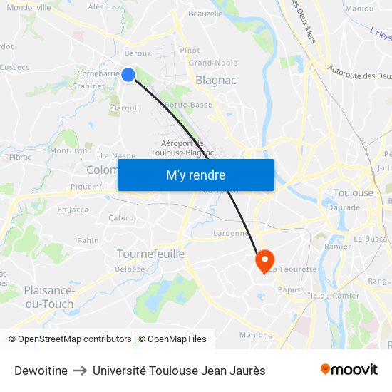 Dewoitine to Université Toulouse Jean Jaurès map