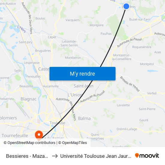 Bessieres - Mazade to Université Toulouse Jean Jaurès map