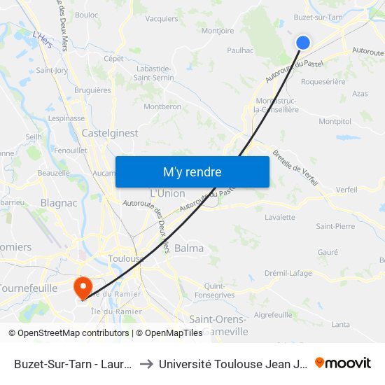 Buzet-Sur-Tarn - Laurentie to Université Toulouse Jean Jaurès map