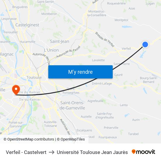 Verfeil - Castelvert to Université Toulouse Jean Jaurès map