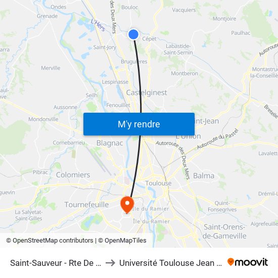 Saint-Sauveur - Rte De Cépet to Université Toulouse Jean Jaurès map