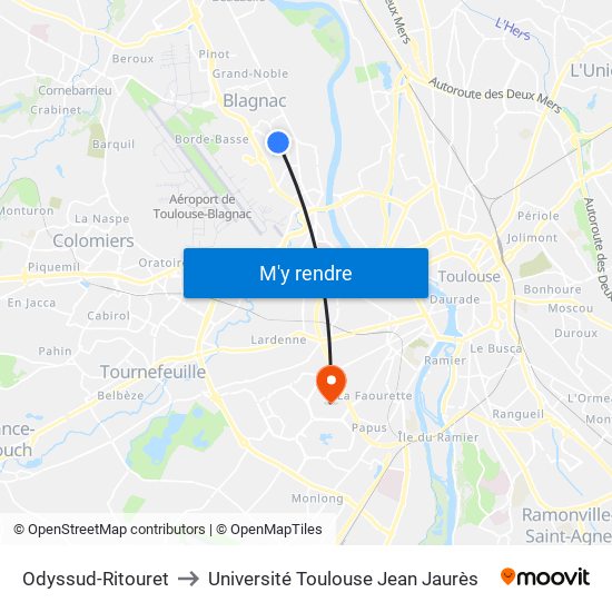 Odyssud-Ritouret to Université Toulouse Jean Jaurès map