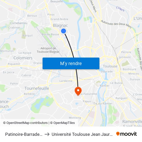 Patinoire-Barradels to Université Toulouse Jean Jaurès map
