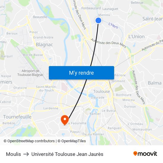 Moulis to Université Toulouse Jean Jaurès map