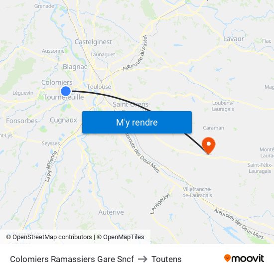 Colomiers Ramassiers Gare Sncf to Toutens map