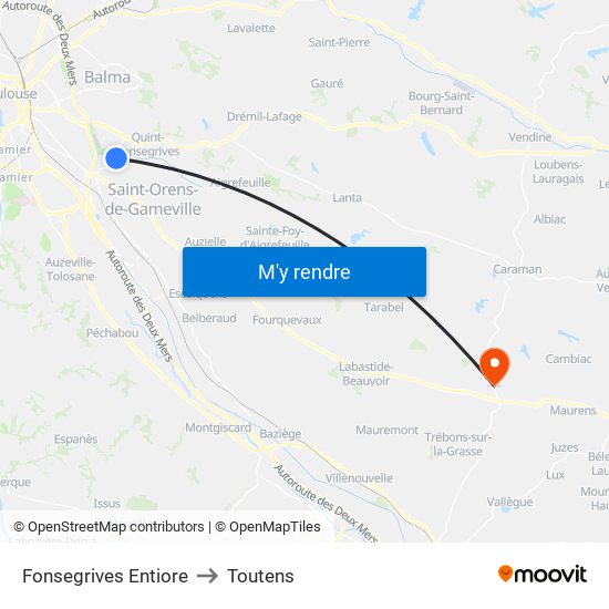 Fonsegrives Entiore to Toutens map