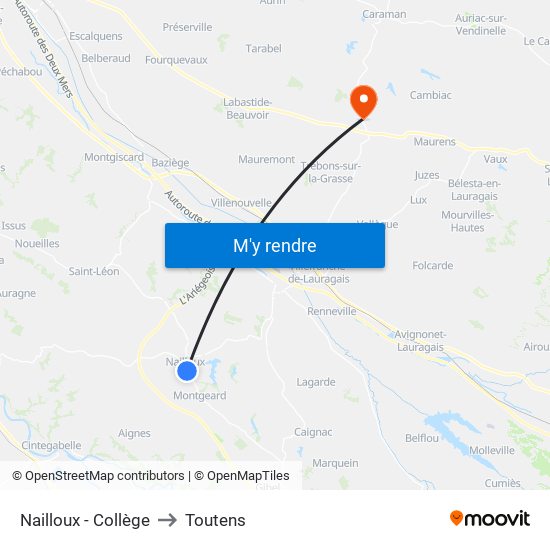 Nailloux - Collège to Toutens map