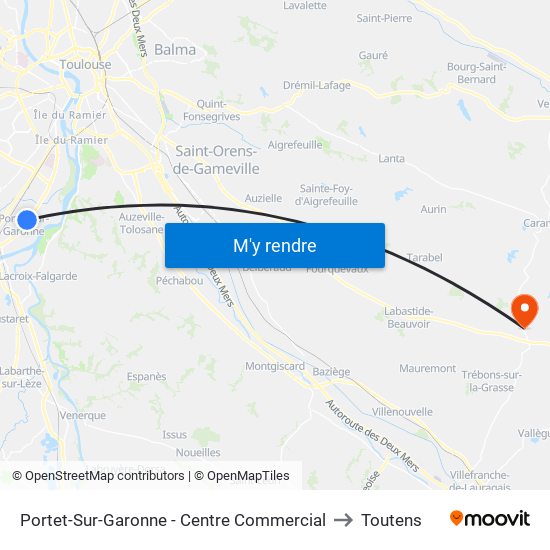 Portet-Sur-Garonne - Centre Commercial to Toutens map